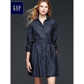 Gap经典深色附腰带衬衫式牛仔连衣裙|女装718619 水洗藏蓝 160/84A(4)